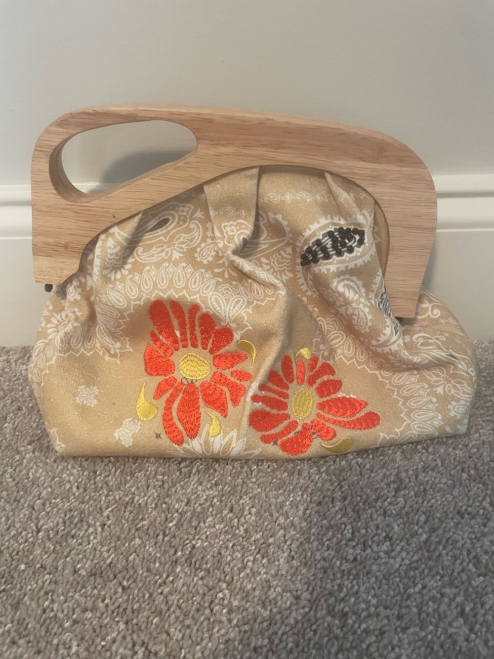 HOBO Beige Floral Embroidered Clutch with Wooden Handle